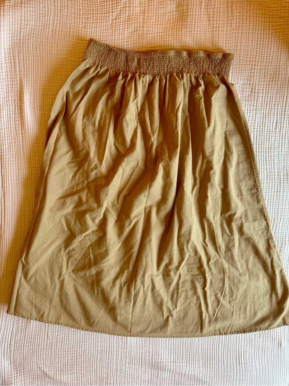 Chico's Camel A-Line Smocked-Waist Cotton Linen Skirt L Khaki Tan